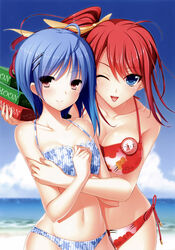  2girls absurdres ahoge akino_subaru beach bikini blue_bikini blue_eyes blue_hair blue_sky breasts cleavage cloud collarbone company_connection day floral_print hair_ornament hairclip hatsukoi_1/1 highres hoshi_ori_yume_mirai looking_at_viewer multiple_girls mutou_kurihito name_tag navel ocean one_eye_closed ousaka_sora outdoors photoshop_(medium) pizza_box print_bikini purple_eyes red_hair side-tie_bikini_bottom side_ponytail sky small_breasts smile striped_bikini striped_clothes swimsuit tone_work&#039;s tsukishima_kyou vertical-striped_bikini vertical-striped_clothes 