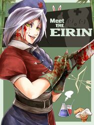  animal_ears arrow_(projectile) belt blood blood_on_face bonesaw bow_(weapon) braid commentary_request dress empty_eyes female gloves green_eyes grey_hair hat long_hair meet_the_team open_mouth parody pinky_out rabbit_ears ryuuichi_(f_dragon) saw short_sleeves smile solo team_fortress_2 touhou weapon yagokoro yagokoro_eirin 