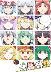  1boy 6+girls :3 :d aki_minoriko aki_shizuha alternate_eye_color animalization blonde_hair blue_hair blush braid brown_eyes brown_hair chen chen_(cat) closed_eyes colored_eyelashes commentary_request covering_face crescent crescent_hat_ornament eyelashes fangs food frog_hair_ornament fruit glasses grapes green_eyes green_hair grey_eyes grey_hair grin hair_ornament hair_ribbon hair_tubes hairband hakurei_reimu hat hat_ornament hitodama hong_meiling inubashiri_momiji inubashiri_momiji_(wolf) izayoi_sakuya jpeg_artifacts kaenbyou_rin kaenbyou_rin_(cat) kagiyama_hina kirisame_marisa kochiya_sanae konpaku_youmu konpaku_youmu_(ghost) leaf leaf_on_head long_hair looking_at_viewer maid_headdress minato_hitori mob_cap morichika_rinnosuke multiple_girls multiple_legs open_mouth patchouli_knowledge poop_on_a_stick purple_hair red_eyes red_hair reiuji_utsuho reiuji_utsuho_(bird) remilia_scarlet ribbon shaded_face sharp_teeth short_hair siblings side_braid single_braid sisters smile snake_hair_ornament teeth toramaru_shou toramaru_shou_(tiger) touhou tress_ribbon twin_braids witch_hat yellow_eyes 