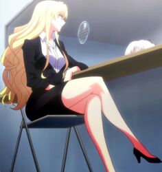  blonde_hair blue_eyes breasts chair female grisaia_(series) grisaia_no_kajitsu grisaia_no_rakuen harudera_yuria high_heels highres large_breasts legs_crossed long_hair sitting skirt smile solo stitched 