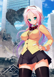  absurdres aqua_eyes black_thighhighs blazer blush breasts building debris destruction dra+koi female hands_on_own_hips hat heart heroine_(dra+koi) highres jacket large_breasts long_hair looking_at_viewer oerba_yun_fang pink_hair school_uniform skirt slit_pupils smile solo thighhighs tsuji_santa 