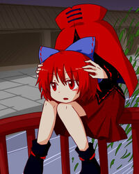  anime_coloring bow commentary_request disembodied_head dullahan female gimicalmas hairbow head_hold headless holding_head knees_together_feet_apart large_bow lowres red_eyes red_hair sekibanki short_hair sitting solo touhou 