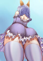  animal_ears ass bare_shoulders blue_dress blue_hair braid commentary_request dog_ears dress elin facing_away female from_behind from_below kumehara_chiyota long_hair no_tail panties pantyshot short_dress solo standing tera_online thick_thighs thighhighs thighs twin_braids twintails underwear upskirt white_panties white_thighhighs wide_hips 