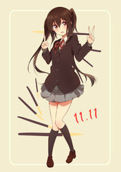  birthday black_hair black_socks blazer brown_eyes commentary_request dated double_v female food highres jacket k-on! kneehighs loafers long_hair nakano_azusa pachi_(sugiyama0306) pocky pocky_day sakuragaoka_high_school_uniform school_uniform shoes socks solo sweater twintails v 