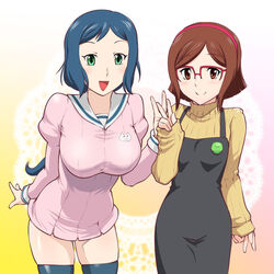  2girls :d apron blue_hair blue_thighhighs blush breasts brown_eyes brown_hair commentary_request cosplay costume_switch dress glasses green_eyes gundam gundam_build_fighters hairband haro_button_badge iori_rinko iori_rinko_(cosplay) kousaka_china kousaka_china_(cosplay) large_breasts leaning_forward looking_at_viewer mature_female multiple_girls open_mouth over-rim_eyewear ponytail red-framed_eyewear ribbed_sweater sailor_dress semi-rimless_eyewear shirt skindentation smile standing sweater taut_clothes taut_shirt thighhighs turtleneck ueyama_michirou v 