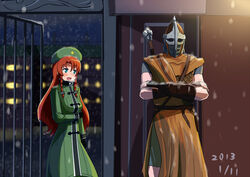  1boy aqua_eyes armor blush bracer braid chainmail chinese_clothes commentary_request crossed_arms crossover female gate guard guard_(skyrim) hat helmet hong_meiling long_coat long_hair long_sleeves open_mouth red_hair snowing standing star_(symbol) suibotuouji the_elder_scrolls the_elder_scrolls_v:_skyrim touhou twin_braids weapon 