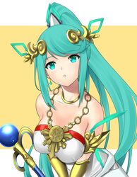  ancient_greek_clothes armlet bare_shoulders blush breasts chiton cleavage commentary_request cosplay dollinger dress female fusion greco-roman_clothes green_eyes green_hair hair_ornament highres jewelry kid_icarus kid_icarus_uprising large_breasts laurel_crown long_hair looking_at_viewer neck_ring necklace palutena palutena_(cosplay) pendant pneuma_(xenoblade) ponytail side_slit simple_background smile solo spoilers staff strapless strapless_dress super_smash_bros. swept_bangs vambraces very_long_hair white_dress xenoblade_chronicles_(series) xenoblade_chronicles_2 