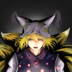  animal_hat bad_id bad_pixiv_id black_background blonde_hair fangs female fox_tail gradient_background green_(midoriryuu) hat highres light_particles looking_at_viewer mob_cap multiple_tails open_mouth short_hair simple_background solo tabard tail touhou upper_body yakumo_ran yellow_eyes 