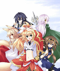  1boy 4girls animal_ears arm_up bad_id bad_pixiv_id black_eyes blonde_hair blue_eyes blue_hair boomerang brown_hair commentary_request fiana_else fox_ears fox_tail goggles goggles_on_head highres holding holding_weapon long_hair looking_at_viewer looking_back multiple_girls navel open_mouth original pink_hair red_eyes sheath sheathed short_hair smile tail weapon yellow_eyes yu-ves 