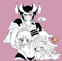  3girls :3 armor blush commentary_request english_text hat helmet league_of_legends long_hair lulu_(league_of_legends) midriff multiple_girls navel otani_(kota12ro08) shyvana simple_background tristana v-shaped_eyebrows witch_hat yordle 