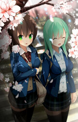  2girls alternate_costume aqua_hair ascot bag black_thighhighs blazer breasts brown_hair cherry_blossoms commentary_request green_eyes hair_ornament hairclip high_ponytail jacket kantai_collection kumano_(kancolle) long_hair medium_breasts multiple_girls onasuba open_mouth outdoors ponytail school_bag school_uniform shirt skirt smile stairs suzuya_(kancolle) sweater thighhighs white_shirt 