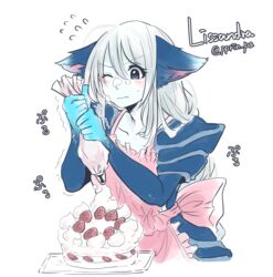  animal_ears apron blue_eyes blue_skin blush cake colored_skin commentary_request female food food_on_face icing league_of_legends lissandra_(league_of_legends) long_hair otani_(kota12ro08) solo trembling very_long_hair 