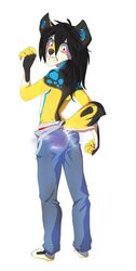  5_fingers anthro barefoot biped black_hair canid canine canis domestic_dog ear_piercing feet fingers fur hair hi_res male mammal piercing rikitoka simple_background solo standing teeth white_background yellow_body yellow_fur 