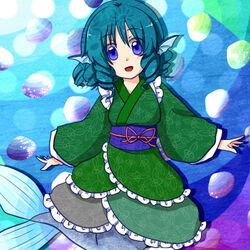  animal_ears blue_eyes blue_hair commentary_request drill_hair female fins gimicalmas green_kimono head_fins japanese_clothes kimono long_sleeves lowres mermaid monster_girl open_mouth solo touhou wakasagihime wide_sleeves 