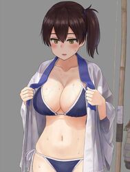  bikini bikini_under_clothes blue_bikini blue_scrunchie blush bow_(weapon) breasts brown_eyes brown_hair collarbone commentary_request cropped female hair_between_eyes kaga_(kancolle) kantai_collection large_breasts navel open_clothes parted_lips scrunchie shijukara_(great_tit) short_hair side-tie_bikini_bottom side_ponytail skindentation solo sweatdrop swimsuit upper_body veins veiny_breasts weapon 