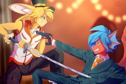  anthro blonde_hair blue_hair blurred_background clothed clothing detailed_background dragon duo fur gun hair holding_object holding_weapon imminent_death lagomorph leporid male mammal melee_weapon mythological_creature mythological_scalie mythology pink_nose rabbit ranged_weapon rikitoka scalie sword teeth weapon yellow_body yellow_fur 