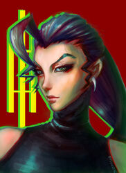  ahoge bad_deviantart_id bad_id clothing_cutout earrings eyebrows eyelashes female green_eyes hair_slicked_back huge_ahoge jewelry lips lipstick long_hair makeup nose portrait purple_hair rose_(street_fighter) shoulder_cutout single_hair_intake sleeveless sleeveless_turtleneck solo sozomaika street_fighter turtleneck 