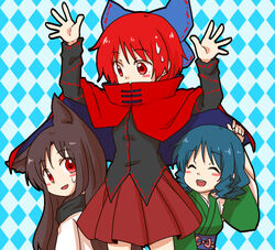  3girls ^_^ animal_ears blue_hair bow brown_hair capelet closed_eyes commentary_request double_dealing_character drill_hair gimicalmas grass_root_youkai_network hairbow imaizumi_kagerou large_bow long_hair md5_mismatch multiple_girls red_eyes red_hair sekibanki short_hair sweat touhou wakasagihime wolf_ears 