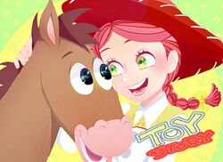  bad_id bad_pixiv_id braid bullseye_(toy_story) copyright_name cowboy_hat cowgirl_(western) female friends green_eyes hat horse jessie_the_yodeling_cowgirl red_hair single_braid smile toy_story yokotn 