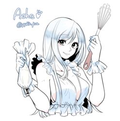  ashe_(league_of_legends) breasts cleavage commentary_request dress female frills gloves icing large_breasts league_of_legends otani_(kota12ro08) sideboob smile solo whisk 