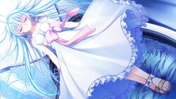  16:9 asami_asami azurite blue_hair closed_eyes collarbone dress female female game_cg long_hair re:birth_colony sandals solo 