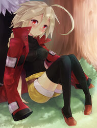  :o ahoge blazblue blonde_hair blush breasts commentary_request cosplay covered_navel female highres jacket lambda-11 long_hair medium_breasts on_grass outdoors ragna_the_bloodedge ragna_the_bloodedge_(cosplay) red_eyes shorts sitting solo_focus tree under_tree yuya_(oshidori) 