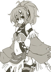  amulet bad_id bad_pixiv_id blush boots commentary_request cosplay earrings female fiana_else headband jewelry karna_(ys) karna_(ys)_(cosplay) knife long_sleeves midriff monochrome open_mouth original ponytail sheath sheathed simple_background skirt solo thigh_boots thighhighs throwing_knife weapon white_background ys ys_memories_of_celceta yu-ves 