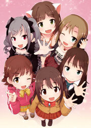  6+girls adjusting_headphones animal_ears black_dress blazer brown_eyes brown_hair cat_ears clothes_writing commentary_request dress drill_hair flipped_hair gothic_lolita green_eyes grey_hair headphones honda_mio idolmaster idolmaster_cinderella_girls index_finger_raised jacket kanzaki_ranko light_brown_hair lillithlauda loafers lolita_fashion long_hair long_sleeves looking_at_viewer maekawa_miku multiple_girls necktie oerba_yun_fang one_eye_closed open_mouth outstretched_arm plaid plaid_skirt pleated_skirt red_eyes red_skirt shibuya_rin shimamura_uzuki shoes short_hair skirt smile sneakers standing tada_riina track_jacket twintails waving 