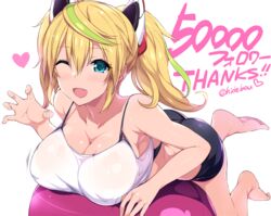  ;d artist_name ass ball barefoot blonde_hair blue_eyes breasts camisole claw_pose cleavage commentary_request exercise_ball female gene_(pso2) hair_between_eyes headgear heart hidebou large_breasts leaning_on_ball looking_at_viewer multicolored_hair oerba_yun_fang one_eye_closed open_mouth phantasy_star phantasy_star_online_2 shiny_skin short_shorts shorts simple_background smile solo streaked_hair twintails twitter_username white_background 