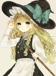  apron beige_background black_skirt black_vest blonde_hair blush bow braid buttons closed_mouth commentary_request cowboy_shot female frilled_apron frills green_bow green_eyes green_nails green_neckwear green_ribbons hairbow hand_up hat hat_bow highres holding jpeg_artifacts kirisame_marisa long_hair long_sleeves looking_at_viewer nail_polish neck_ribbon partial_commentary ribbon shirt side_braid simple_background skirt skirt_set smile solo touhou vest waist_apron wavy_hair white_shirt witch_hat youtan 