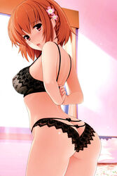  absurdres ass bedroom black_bra black_panties blush bra breasts butt_crack dressing female flower from_behind hair_flower hair_ornament highres hoshi_ori_yume_mirai indoors koizumi_amane lace lace_bra lace_panties large_breasts leaning_forward looking_back open_mouth orange_hair panties photoshop_(medium) red_eyes scan shinozaki_marika sideboob solo strap_gap underwear underwear_only 