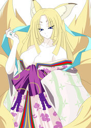  :&lt; admiraryu animal_ears blonde_hair blue_eyes breasts commentary_request female fox_ears fox_tail japanese_clothes kimono large_breasts long_hair off_shoulder omachi rance_(series) sengoku_rance shawl solo tail 