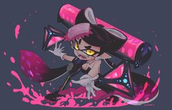  +_+ ankle_boots black_background black_footwear black_hair black_jumpsuit bomb_rush_(splatoon) boots breasts callie_(splatoon) cleavage commentary dated detached_collar earrings fangs female food food_on_head gloves glowing glowing_eyes gradient_hair hero_roller_(splatoon) highres holding holding_weapon inkling jewelry jumpsuit leaning_forward long_hair looking_at_viewer medium_breasts mole mole_under_eye multicolored_hair object_on_head okome_2g2g open_mouth paint_splatter pantyhose pointy_ears purple_hair purple_pantyhose short_jumpsuit smirk solo splat_bomb_(splatoon) splatoon_(series) splatoon_1 standing strapless tentacle_hair throwing very_long_hair weapon white_gloves yellow_eyes 