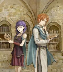  1boy absurdres artur_(fire_emblem) book braid commentary_request couple female fire_emblem fire_emblem:_the_sacred_stones highres holding holding_book looking_at_viewer lute_(fire_emblem) orange_eyes orange_hair purple_eyes purple_hair reading samohichi scarf smile straight twintails 