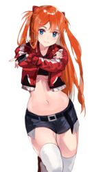  belt belt_buckle black_gloves black_shirt blue_eyes breasts buckle cherim closed_mouth commentary_request crop_top cropped_jacket crossed_arms denim denim_shorts exposed_pocket female fingerless_gloves gloves hair_ornament head_tilt highres jacket long_hair midriff navel neon_genesis_evangelion open_clothes open_jacket orange_hair red_jacket shirt shoes short_shorts shorts sidelocks simple_background small_breasts smile solo souryuu_asuka_langley standing standing_on_one_leg stomach thighhighs thighs two_side_up underboob white_background white_thighhighs 