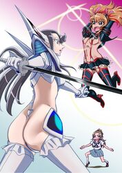  3girls ass boots breasts commentary_request cosplay crossover gorou_(pixiv3249935) heartcatch_precure! highres houjou_hibiki junketsu kill_la_kill kiryuuin_satsuki kiryuuin_satsuki_(cosplay) koshimizu_ami mankanshoku_mako mankanshoku_mako_(cosplay) matoi_ryuuko matoi_ryuuko_(cosplay) medium_breasts midriff minamino_kanade multiple_girls navel parody precure school_uniform senketsu skirt suite_precure sword thigh_boots thighhighs tsukikage_yuri voice_actor_connection weapon 