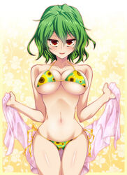  ass_visible_through_thighs bikini breasts commentary_request female floral_background floral_print goma_azarasi green_hair highres kazami_yuuka large_breasts presenting red_eyes short_hair side-tie_bikini_bottom solo swimsuit thigh_gap thighs touhou towel underboob yellow_bikini 