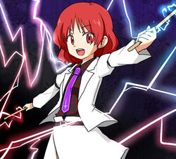  commentary_request cross electricity electrokinesis female gimicalmas horikawa_raiko inverted_cross necktie purple_necktie red_eyes red_hair short_hair stick touhou 