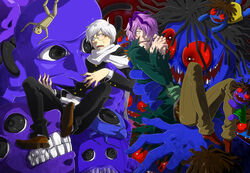  2boys ao_oni belt black_eyes blazer blockman_oni_(ao_oni) blue_eyes blue_skin blush bug buttons coat colored_skin commentary_request crossover doll doll_(ib) eyeball fingernails garry_(ib) glasses hair_over_one_eye highres hiroshi_(ao_oni) holding ib_(kouri) jacket multiple_boys nose one_eye_covered pants parted_bangs purple_hair red_eyes round_eyewear scared shirt shoes sidelocks silver_hair tanotsuku_daisuke teeth the_oni_(ao_oni) trait_connection white_shirt 