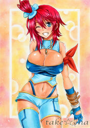  alternate_costume artist_name asymmetrical_legwear badge bare_shoulders blue_eyes blue_gloves blush breasts cleavage cleavage_cutout clothing_cutout commentary_request covered_nipples crop_top female fingerless_gloves gloves grin gym_leader_badge hair_between_eyes jet_badge jewelry large_breasts looking_at_viewer marker_(medium) midriff mismatched_legwear navel one_eye_closed pendant photoshop_(medium) pokemon red_hair skyla_(pokemon) smile solo takecha teeth traditional_media 