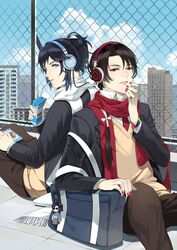  2boys bag black_hair blazer blue_eyes brown_hair cameo cellphone chain-link_fence charm_(object) commentary_request contemporary drinking_straw fence headphones jacket kashuu_kiyomitsu kaze_hikaru male_focus milk_carton mole mole_under_eye mole_under_mouth mon_(monsohot) multiple_boys nail_polish okita_souji_(kaze_hikaru) phone ponytail red_eyes red_nails scarf school_bag school_uniform sitting smartphone touken_ranbu yamato-no-kami_yasusada 