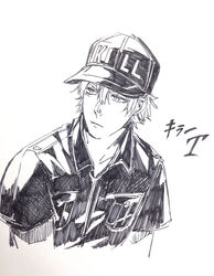  1boy bou_(maimoca501) breast_pocket commentary_request greyscale hair_between_eyes hat hataraku_saibou killer_t_(hataraku_saibou) male_focus monochrome pocket simple_background solo t_cell uniform upper_body white_blood_cell_(hataraku_saibou) 