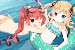  2girls :&lt; ;d bikini blonde_hair blue_eyes borrowed_character breasts butt_crack character_print collarbone commentary_request goggles goggles_on_head hair_ornament hair_ribbon hairclip hazuki_watora highres innertube long_hair looking_at_viewer lying mikane_sebiri minazuki_sarami muku_(muku-coffee) multiple_girls navel oerba_yun_fang on_stomach one_eye_closed open_mouth original partially_submerged polka_dot_innertube print_innertube red_eyes red_hair ribbon shimotsuki_potofu small_breasts smile starfish_print swim_ring swimsuit twintails two_side_up water 