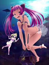  2girls air_bubble anklet barefoot bikini black_eyes blonde_hair blowing_bubbles breath brown_eyes bubble commentary diving freediving harem_outfit highres jewelry lens_flare long_hair marin_(umi_monogatari) multiple_girls ocean oerba_yun_fang pink_hair pointy_ears poker-face-008 stingray swimming swimsuit treasure_chest twintails umi_monogatari underwater urin_(umi_monogatari) very_long_hair water 