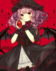  alternate_color alternate_costume apple bat_wings black_dress black_hat black_thighhighs blush bow bow_legwear bowtie closed_mouth commentary corset cowboy_shot cross-laced_clothes crystal curly_hair dress female food frilled_sleeves frills fruit garter_straps glint hat hat_ribbon highres holding holding_food holding_fruit looking_at_viewer medium_hair mob_cap nail_polish puffy_short_sleeves puffy_sleeves purple_hair red_background red_bow red_eyes red_nails red_ribbon remilia_scarlet ribbon short_sleeves simple_background slit_pupils smile solo symbol-only_commentary thighhighs touhou wings wrist_cuffs youtan 