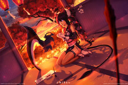  animal_ears architecture artist_name black_hair black_legwear blue_eyes bottle calligraphy cup curly_hair detached_sleeves dniseb east_asian_architecture elin_(tera) fishnet_legwear fishnets flower gloves glowing glowing_eyes hair_ornament highres holding japanese_clothes kimono long_hair ninja obi panties paper pelvic_curtain pen ponytail sakazuki sandals sash scythe sickle side-tie_panties sitting smile socks solo sunset tabi tail tera_online thighhighs thighs tree tree_branch underwear very_long_hair watermark weapon web_address wedge_heels white_gloves yukata zettai_ryouiki 