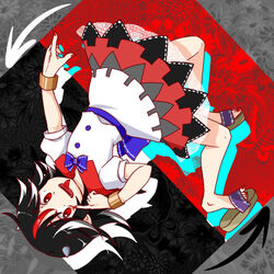  akanbe arrow_(symbol) black_hair bracelet commentary_request eyelid_pull female gimicalmas grey_horns horns jewelry kijin_seija multicolored_hair nail_polish oerba_yun_fang red_eyes sandals small_horns streaked_hair toenail_polish toenails tongue tongue_out touhou upside-down 