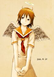  angel_wings brown_eyes brown_hair commentary dated dress feathered_wings female grey_wings haibane_renmei halo limited_palette looking_at_viewer neckerchief orange_sailor_collar own_hands_together rakka_(haibane) red_neckerchief sailor_collar short_hair short_sleeves simple_background smile solo static_cling tan_background traditional_halo white_dress wings yasu_(shijimi_8) 