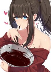  :p alternate_costume alternate_hairstyle armpit_crease black_hair bowl chocolate chocolate_making chocolate_on_hand collarbone female food_on_hand fuurin_restia heart highres holding holding_bowl idolmaster idolmaster_cinderella_girls looking_away nape off-shoulder_sweater off_shoulder ponytail red_sweater ribbed_sweater sagisawa_fumika simple_background solo sweater tasting tongue tongue_out upper_body white_background 