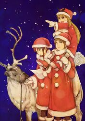  3girls absurdres antlers asymmetrical_hair blonde_hair brown_hair carrying christmas commentary creator_connection feet_out_of_frame fur_trim gloves haibane_renmei halo hat highres horns iwakura_lain long_hair multiple_girls pointing rakka_(haibane) red_footwear red_headwear reindeer ryushika ryushika_ryushika santa_costume santa_hat serial_experiments_lain shoes short_hair shoulder_carry white_gloves yasu_(shijimi_8) 